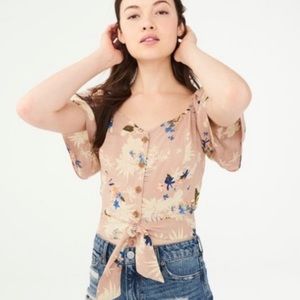 Pretty Pink Multi Floral Printed Front Tye Button Crop Top